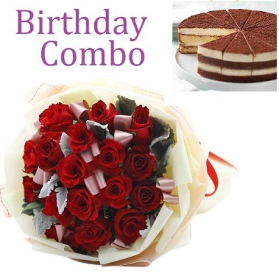 Birthday Package - Rose Bouquet + Tiramisu Cake